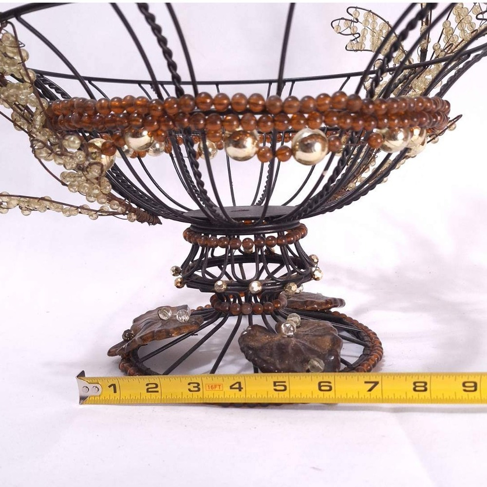 Vtg Metal Wire‎ Beaded Basket w/ Ceramic Leaves Rustic Deco Centerpiece 12.5"w - Picture 8 of 12